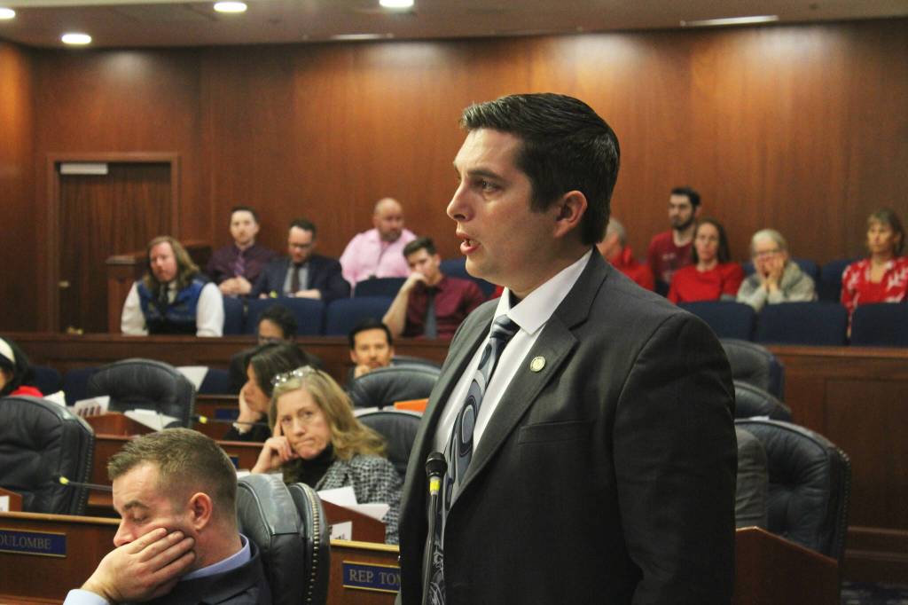 Rep. Justin Ruffridge, R-Soldotna, speaks in support of debating an omnibus education bill in the Alaska House Chambers on Monday, Feb. 19, 2024, in Juneau, Alaska. (Ashlyn OHara/Peninsula Clarion)
