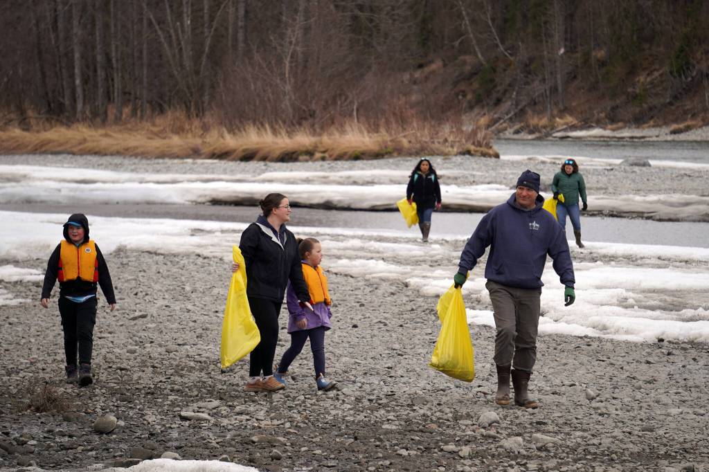 Students of Soldotna Montessori Charter School comb for trash along the banks of the Kenai River at Centennial Park in Soldotna, Alaska, on Thursday, May 2, 2024. (Jake Dye/Peninsula Clarion)