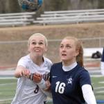 Ketchikans Chelsea Moore and Soldotnas Jazzalynn McDonald battle for the ball Thursday, May 2, 2024, at Soldotna High School in Soldotna, Alaska. (Photo by Jeff Helminiak/Peninsula Clarion)
