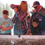 Jake Dye/Peninsula Clarion
A rainbow trout is lifted into a net during the Sport, Rec and Trade Show at the Soldotna Regional Sports Complex on Saturday.
