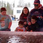 A rainbow trout is hooked during the Sport, Rec and Trade Show at the Soldotna Regional Sports Complex in Soldotna, Alaska, on Saturday, May 4, 2024. (Jake Dye/Peninsula Clarion)