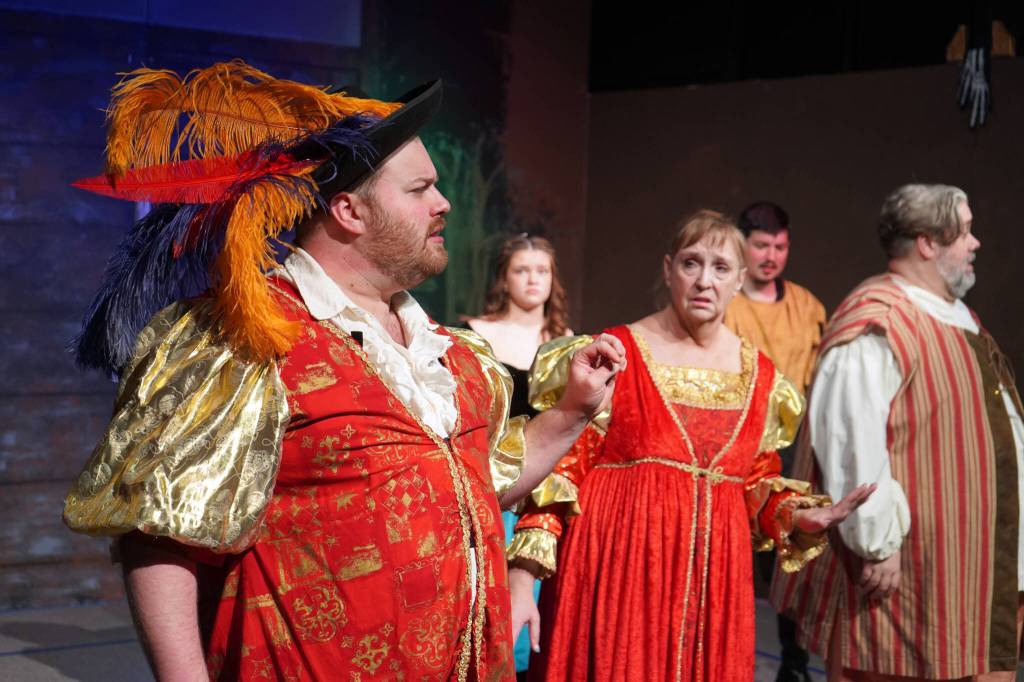 Joe Spady and Donna Shirnberg rehearse Murder at the Renaissance Faire at the Kenai Performers Theater in Soldotna, Alaska, on Wednesday, May 8, 2024. (Jake Dye/Peninsula Clarion)