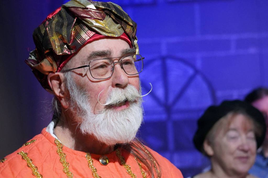 Allen Auxier rehearses Murder at the Renaissance Faire at the Kenai Performers Theater in Soldotna, Alaska, on Wednesday, May 8, 2024. (Jake Dye/Peninsula Clarion)