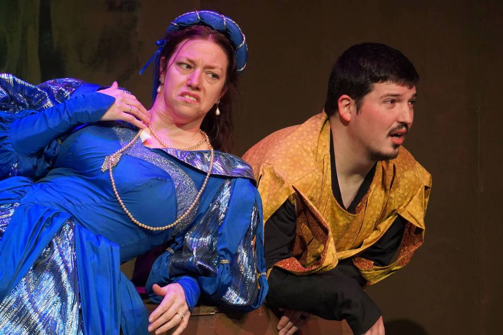Amy Burton and Luke Burgess rehearse Murder at the Renaissance Faire at the Kenai Performers Theater in Soldotna, Alaska, on Wednesday, May 8, 2024. (Jake Dye/Peninsula Clarion)