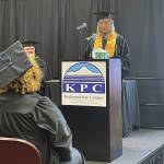 Trisha Jean Davis, Bachelor of Arts in History, provides the valedictorian address at the KBC commencement exercises on the campus on May 8, 2024, in Homer, Alaska. (Emilie Springer/ Homer News)