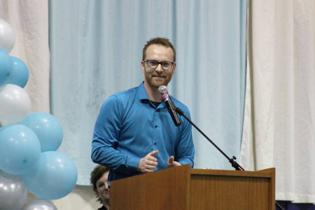 River City Academy Principal Shea Nash addresses graduates at the schools 2024 commencement ceremony on Monday, May 13, 2024 near Soldotna, Alaska. (Ashlyn OHara/Peninsula Clarion)