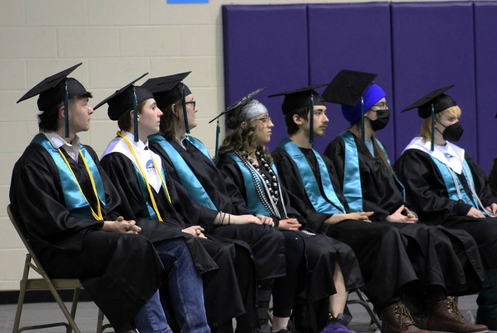 River City Academy graduates listed to Principal Shea Nash speak during their 2024 commencement ceremony on Monday, May 13, 2024 near Soldotna, Alaska. (Ashlyn OHara/Peninsula Clarion)