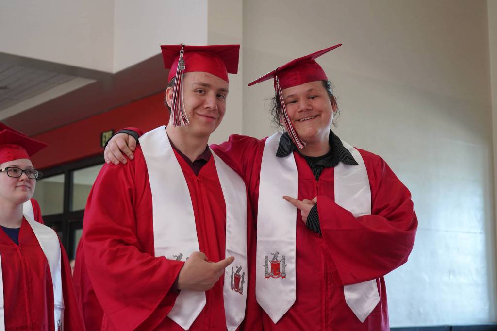 Graduates of Kenai Central High School proceed into the schools auditorium in Kenai, Alaska, on Monday, May 13, 2024. (Jake Dye/Peninsula Clarion)