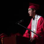 Valedictorian Robert Carson speaks to his fellow students at their graduation ceremony at Kenai Central High School in Kenai, Alaska, on Monday, May 13, 2024. (Jake Dye/Peninsula Clarion)