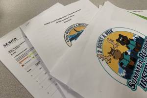 The Kenai Peninsula Borough School Districts grant application for funds to support summer reading programs, along with other reading intervention documents, are splayed on a desk in the Peninsula Clarion offices on Monday, May 13, 2024 in Kenai, Alaska. (Ashlyn OHara/Peninsula Clarion)
