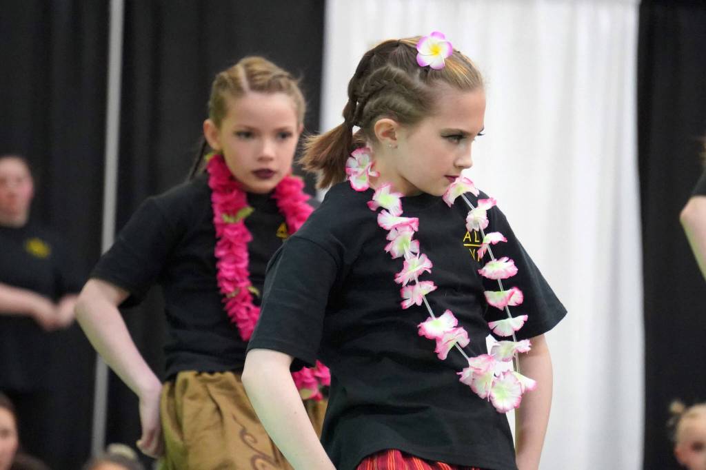 Dancers from Diamond Dance Project perform during an all-company showcase as part of Aloha Vibes at the Soldotna Regional Sports Complex in Soldotna, Alaska, on Saturday, May 11, 2024. (Jake Dye/Peninsula Clarion)