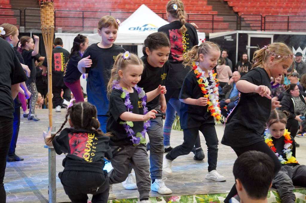 Dancers from Diamond Dance Project perform during an all-company showcase as part of Aloha Vibes at the Soldotna Regional Sports Complex in Soldotna, Alaska, on Saturday, May 11, 2024. (Jake Dye/Peninsula Clarion)