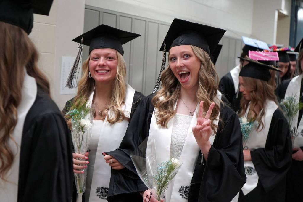 Nikiski Middle/High School graduates proceed into a graduation ceremony in the schools gym in Nikiski, Alaska, on Wednesday, May 15, 2024. (Jake Dye/Peninsula Clarion)