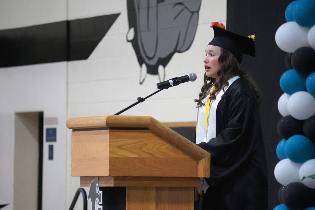 Salutatorian Maggie Grenier speaks during a graduation ceremony at Nikiski Middle/High School in Nikiski, Alaska, on Wednesday, May 15, 2024. (Jake Dye/Peninsula Clarion)