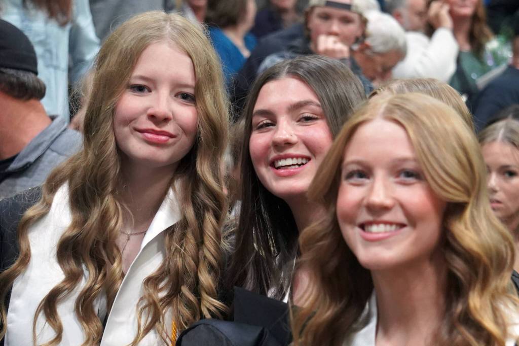 Nikiski Middle/High School graduates depart after the conclusion of their graduation ceremony in the schools gym in Nikiski, Alaska, on Wednesday, May 15, 2024. (Jake Dye/Peninsula Clarion)