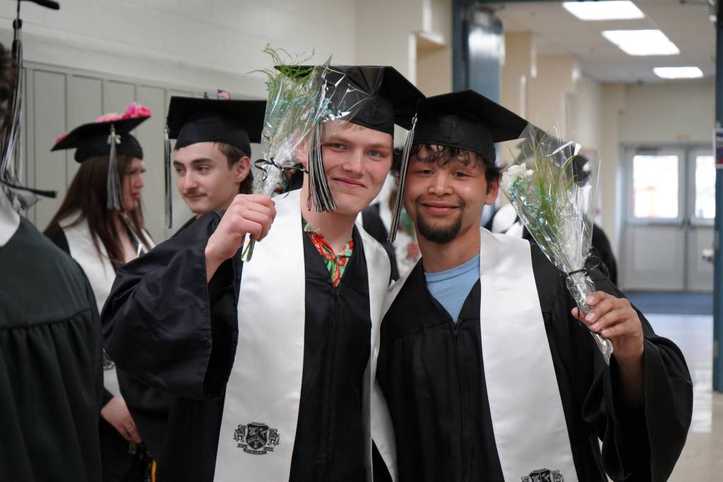 Nikiski Middle/High School graduates proceed into a graduation ceremony in the schools gym in Nikiski, Alaska, on Wednesday, May 15, 2024. (Jake Dye/Peninsula Clarion)