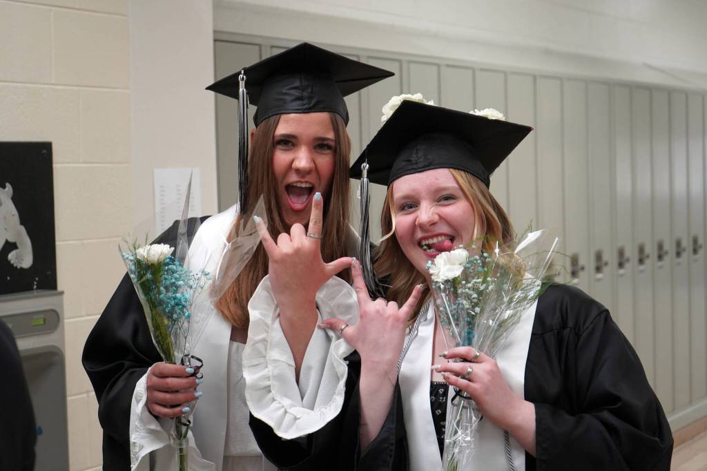 Nikiski Middle/High School graduates proceed into a graduation ceremony in the schools gym in Nikiski, Alaska, on Wednesday, May 15, 2024. (Jake Dye/Peninsula Clarion)
