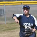 Soldotna's Alyssa McDonald throws out a runner against Kenai Central on Wednesday, May 15, 2024, at the Steve Shearer Memorial Ball Park in Kenai, Alaska. (Photo by Jeff Helminiak/Peninsula Clarion)