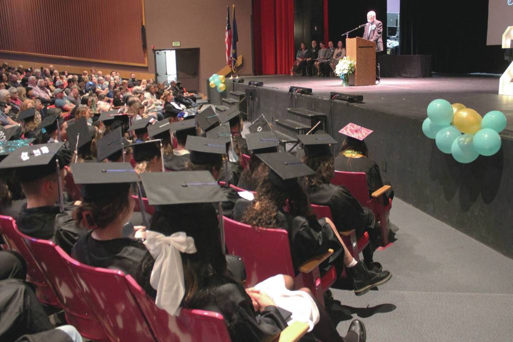 Graduates listen to Connections Homeschool Principal Doug Hayman speak during the schools commencement ceremony on Thursday in Soldotna. (Ashlyn OHara/Peninsula Clarion)
Graduates listen to Connections Homeschool Principal Doug Hayman speak during the schools commencement ceremony on Thursday, May 16, 2024 in Soldotna, Alaska. (Ashlyn OHara/Peninsula Clarion)