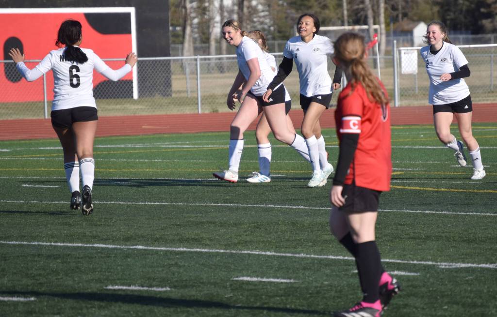Nikiski celebrates a goal by Ashlynne Playle (second from left) on Friday, May 17, 2024, at Kenai Central High School in Kenai, Alaska. (Photo by Jeff Helminiak/Peninsula Clarion)