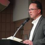 Jake Dye/Peninsula Clarion
Rep. Ben Carpenter, R-Nikiski, speaks to the joint Soldotna and Kenai chambers of commerce at the Soldotna Regional Sports Complex on Wednesday.
