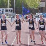 Homers Beatrix McDonough, Gracie Miotke, Maddy Miotke and Brightly Thoning won the 1,600-meter relay at the Division II state track and field meet Saturday, May 25, 2024, at Dimond High School in Anchorage, Alaska. (Photo by Jeff Helminiak/Peninsula Clarion)