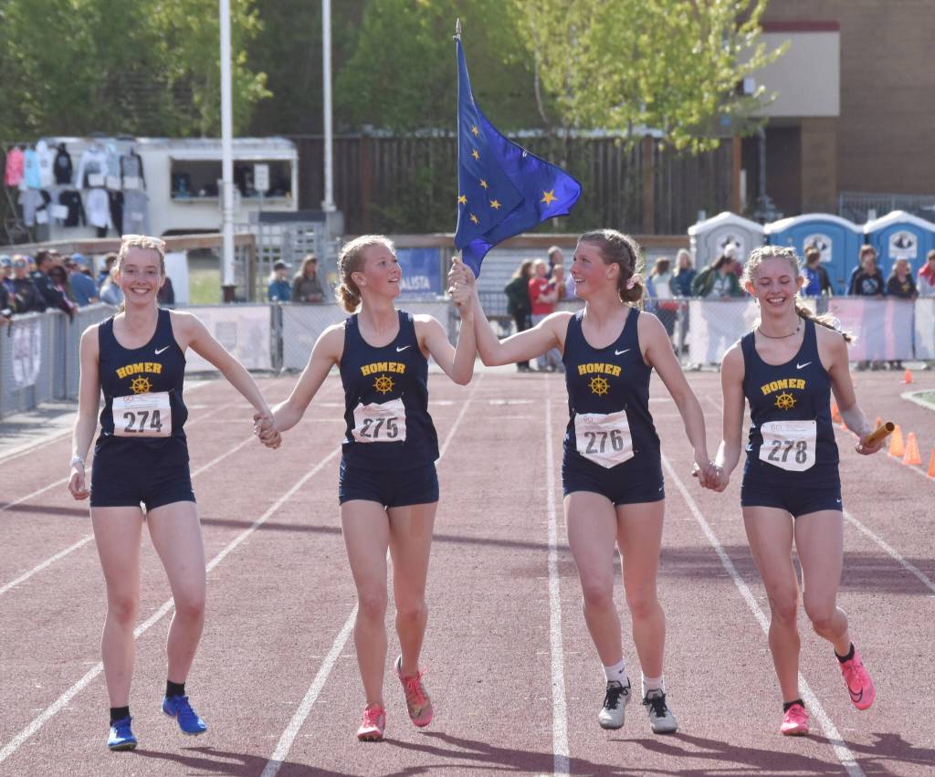 Homers Beatrix McDonough, Gracie Miotke, Maddy Miotke and Brightly Thoning won the 1,600-meter relay at the Division II state track and field meet Saturday, May 25, 2024, at Dimond High School in Anchorage, Alaska. (Photo by Jeff Helminiak/Peninsula Clarion)