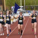Homers Claira Booz, Beatrix McDonough, Cassidy Carroll and Jaela Marchbanks won the 3,200-meter relay at the Division II state track and field meet Saturday, May 25, 2024, at Dimond High School in Anchorage, Alaska. (Photo by Jeff Helminiak/Peninsula Clarion)