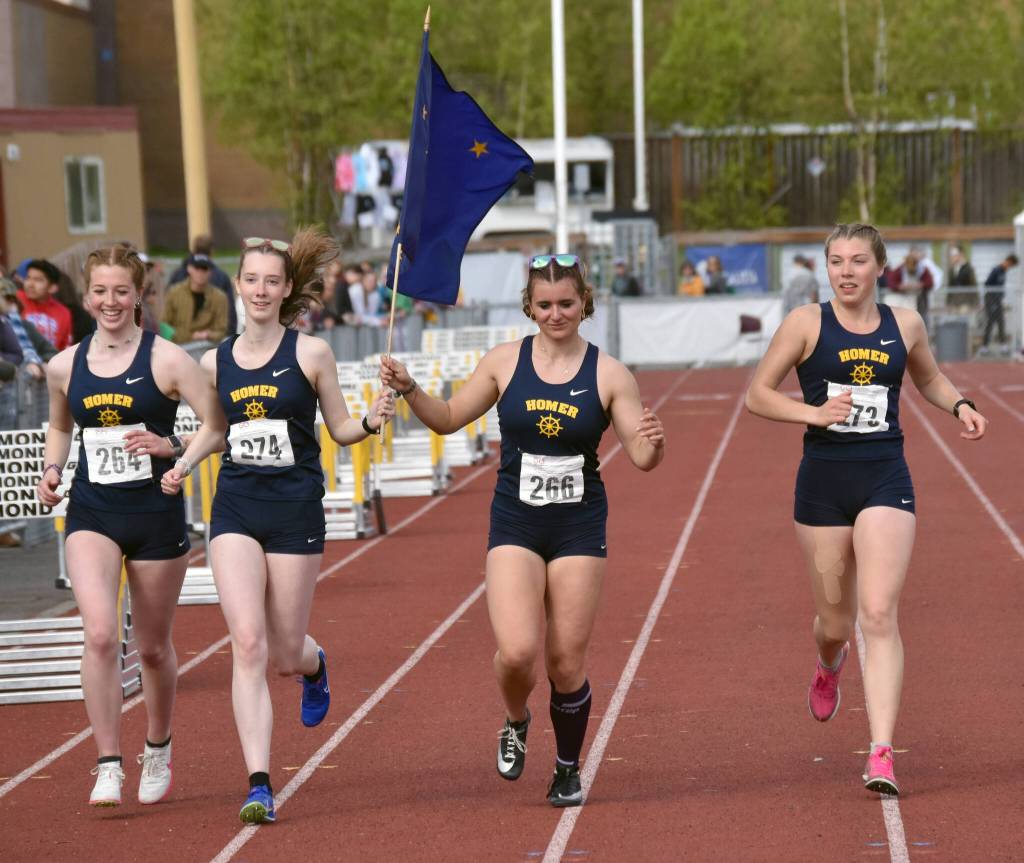 Homers Claira Booz, Beatrix McDonough, Cassidy Carroll and Jaela Marchbanks won the 3,200-meter relay at the Division II state track and field meet Saturday, May 25, 2024, at Dimond High School in Anchorage, Alaska. (Photo by Jeff Helminiak/Peninsula Clarion)