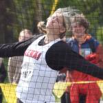 Kenai Centrals Emma Beck wins the discus at the Division II state track and field meet Saturday, May 25, 2024, at Dimond High School in Anchorage, Alaska. (Photo by Jeff Helminiak/Peninsula Clarion)