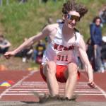 Kenai Centrals Hayden Hughes competes in the triple jump at the Division II state track and field meet Saturday, May 25, 2024, at Dimond High School in Anchorage, Alaska. Hughes won the long jump the day before. (Photo by Jeff Helminiak/Peninsula Clarion)