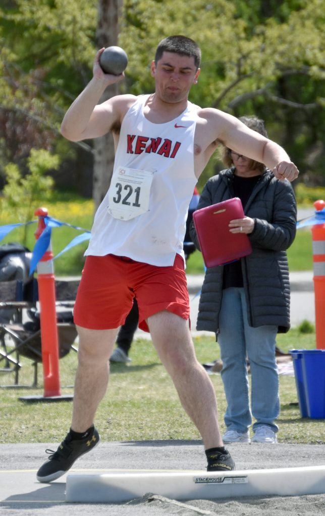 Kenai Centrals William Roberts competes in the shot put at the Division II state track and field meet Saturday, May 25, 2024, at Dimond High School in Anchorage, Alaska. Roberts won the discus the day before. (Photo by Jeff Helminiak/Peninsula Clarion)