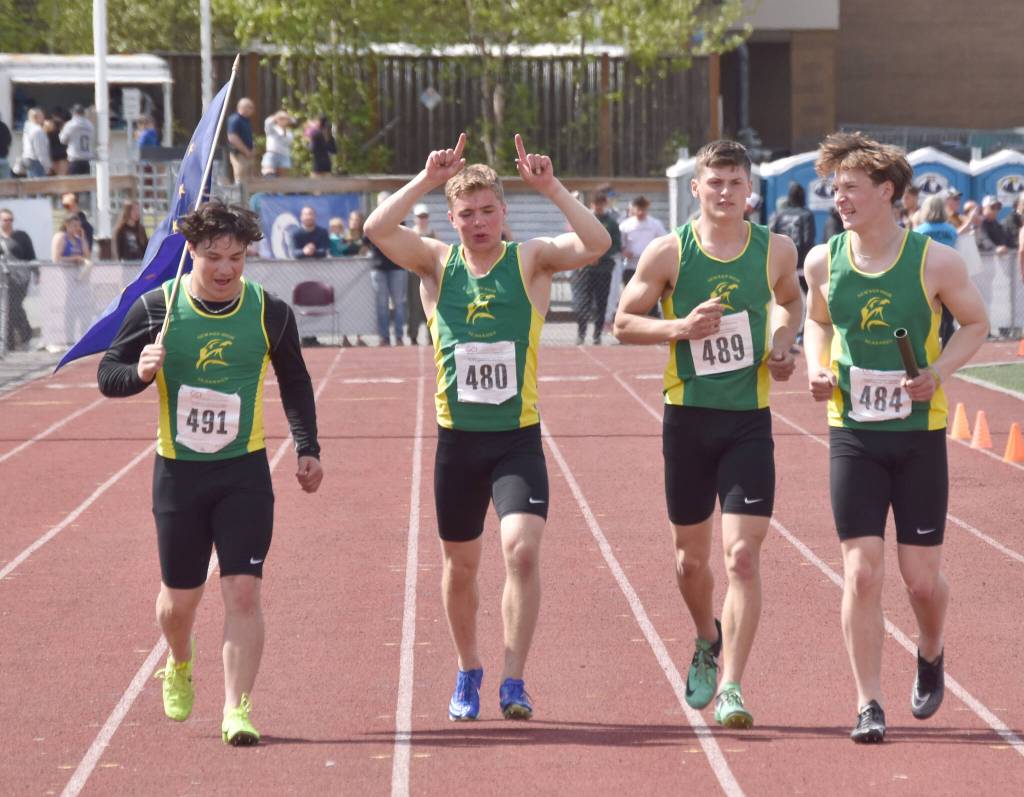 Sewards Jerick Senecal, Ronan Bickling, Gideon Schrock and Emerson Cross won the 400-meter relay at the Division II state track and field meet Saturday, May 25, 2024, at Dimond High School in Anchorage, Alaska. (Photo by Jeff Helminiak/Peninsula Clarion)