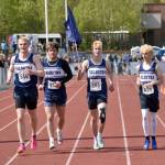Soldotnas Jeren Nash, Wyatt Faircloth, Leigh Tacey II and Tyce Escott won the 800-meter relay at the Division I state track and field meet Saturday, May 25, 2024, at Dimond High School in Anchorage, Alaska. (Photo by Jeff Helminiak/Peninsula Clarion)