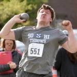 Soldotnas Kevin Steger takes second in the shot put at the Division I state track and field meet Saturday, May 25, 2024, at Dimond High School in Anchorage, Alaska. (Photo by Jeff Helminiak/Peninsula Clarion)