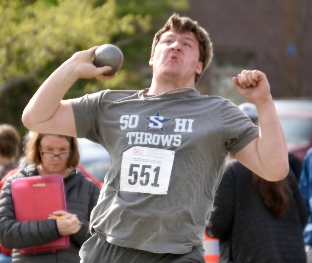 Soldotnas Kevin Steger takes second in the shot put at the Division I state track and field meet Saturday, May 25, 2024, at Dimond High School in Anchorage, Alaska. (Photo by Jeff Helminiak/Peninsula Clarion)