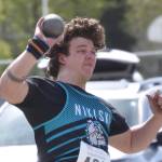 Nikiskis Truit McCaughey finishes second in the shot put at the Division II state track and field meet Saturday, May 25, 2024, at Dimond High School in Anchorage, Alaska. (Photo by Jeff Helminiak/Peninsula Clarion)