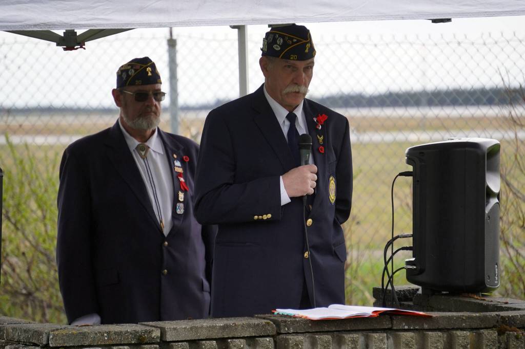 American Legion Post 20 Cmdr. Ron Homan speaks during a Memorial Day ceremony at the Kenai Cemetery in Kenai, Alaska, on Monday, May 27, 2024. (Jake Dye/Peninsula Clarion)