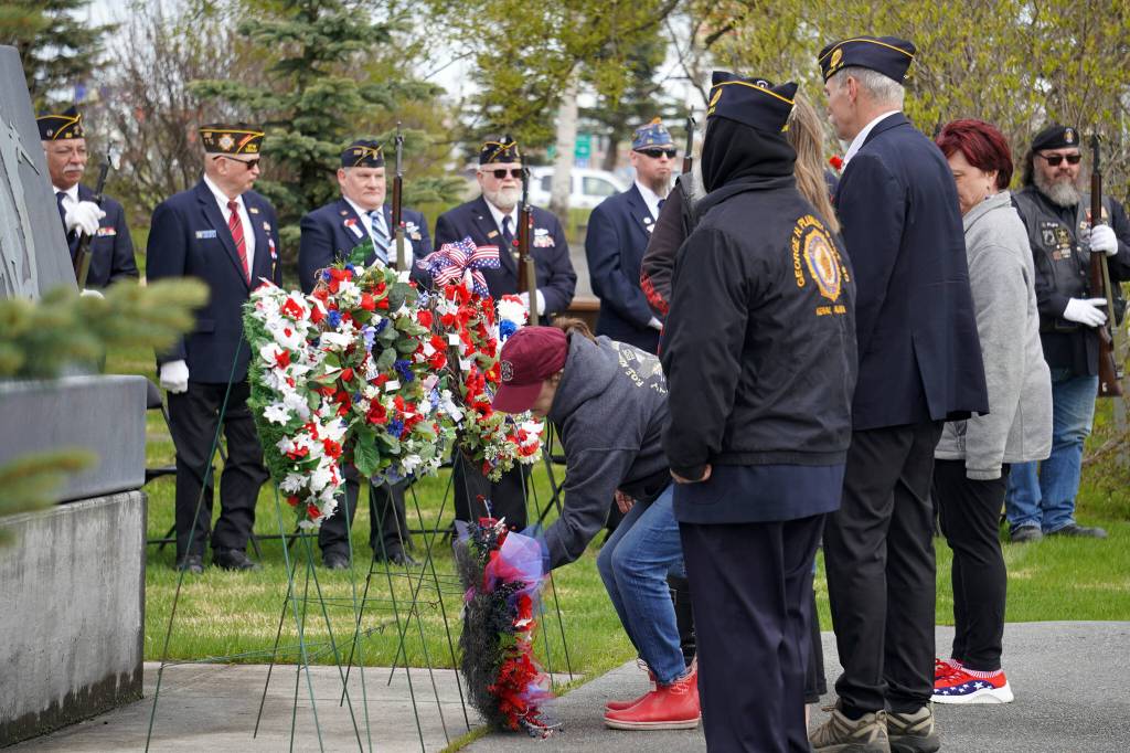 Wreaths are placed honoring fallen soldiers during a Memorial Day ceremony at Leif Hanson Memorial Park in Kenai, Alaska, on Monday, May 27, 2024. (Jake Dye/Peninsula Clarion)