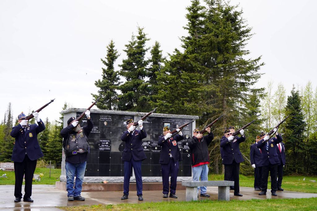 American Legion Post 20 members lead a salute during a Memorial Day ceremony at the Kenai Cemetery in Kenai, Alaska, on Monday, May 27, 2024. (Jake Dye/Peninsula Clarion)