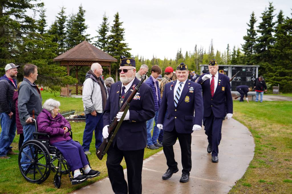 The American Legion Post 20 Color Guard proceeds during a Memorial Day ceremony at the Kenai Cemetery in Kenai, Alaska, on Monday, May 27, 2024. (Jake Dye/Peninsula Clarion)