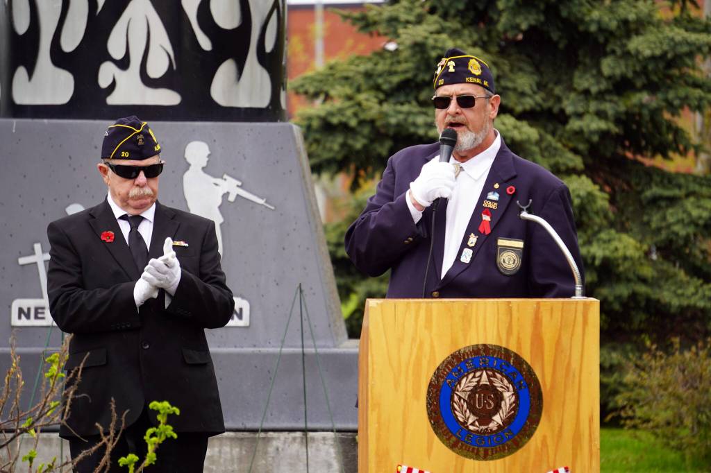 American Legion Post 20 Past Cmdr. David Segura speaks during a Memorial Day ceremony at Leif Hanson Memorial Park in Kenai, Alaska, on Monday, May 27, 2024. (Jake Dye/Peninsula Clarion)