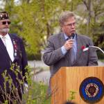 City of Kenai Mayor Brian Gabriel speaks during a Memorial Day ceremony at Leif Hanson Memorial Park in Kenai, Alaska, on Monday, May 27, 2024. (Jake Dye/Peninsula Clarion)