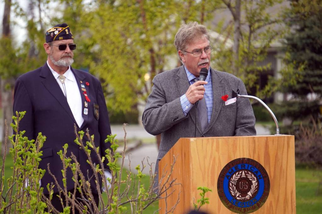 City of Kenai Mayor Brian Gabriel speaks during a Memorial Day ceremony at Leif Hanson Memorial Park in Kenai, Alaska, on Monday, May 27, 2024. (Jake Dye/Peninsula Clarion)