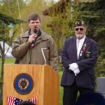 Sen. Jesse Bjorkman, R-Nikiski, speaks during a Memorial Day ceremony at Leif Hanson Memorial Park in Kenai, Alaska, on Monday, May 27, 2024. (Jake Dye/Peninsula Clarion)