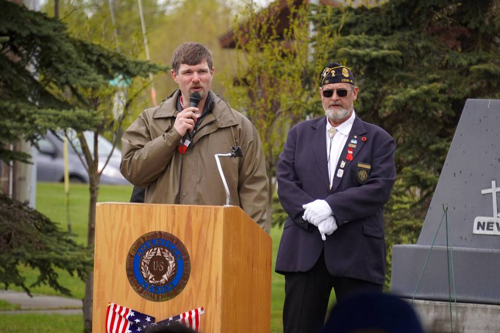 Sen. Jesse Bjorkman, R-Nikiski, speaks during a Memorial Day ceremony at Leif Hanson Memorial Park in Kenai, Alaska, on Monday, May 27, 2024. (Jake Dye/Peninsula Clarion)