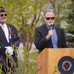 Kenai Peninsula Borough Mayor Peter Micciche speaks during a Memorial Day ceremony at Leif Hanson Memorial Park in Kenai, Alaska, on Monday, May 27, 2024. (Jake Dye/Peninsula Clarion)