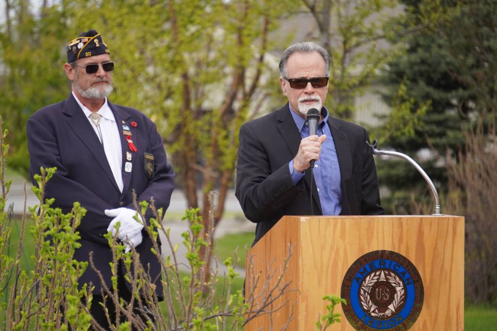 Kenai Peninsula Borough Mayor Peter Micciche speaks during a Memorial Day ceremony at Leif Hanson Memorial Park in Kenai, Alaska, on Monday, May 27, 2024. (Jake Dye/Peninsula Clarion)