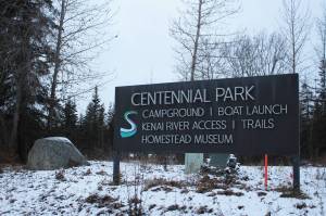 A sign marks the entrance of Centennial Park and Campground on Tuesday, Nov. 9, 2021 in Soldotna, Alaska. (Ashlyn OHara/Peninsula Clarion)