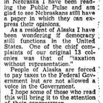 [1c—letter to editor—]While visiting his home state of Nebraska in 1949, Marvin Smith wrote to the editor of a local paper to stump for Alaska statehood. (Image from the Evening World-Herald in Omaha)